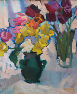 Yellow and pink tulips painted on a white background with light blue shadows