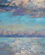 Landscape painting of the sea and clouds in light blue and purple tones with thick impasto brushwork
