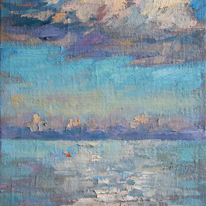 Landscape painting of the sea and clouds in light blue and purple tones with thick impasto brushwork