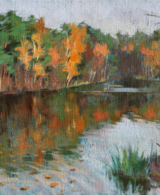 Landscape painting of a lake in autumn