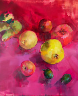 Still life painting with fruit on bright crimson and magenta background