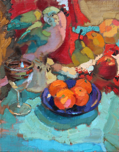 Porcelain Parrot Figurine and Fruit painting by Elena Morozova