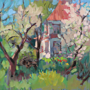 Blossoming apple trees and a house behind them, painted with oil