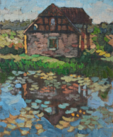 Landscape painting of a countryside house and it’s reflection in the pond in the evening light
