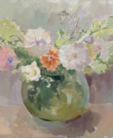 Flowers in a glass vase, painted in light green and beige colors