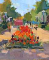 Landscape painting of a park with a flowerbed of tulips and people walking