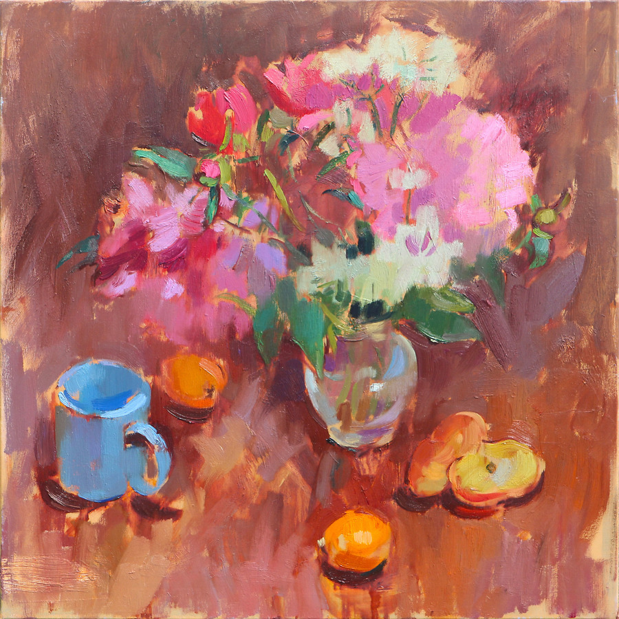 Peonies and a Blue Mug