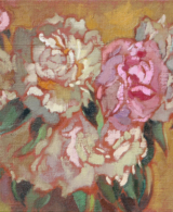 Peonies on yellow background, painted with oil