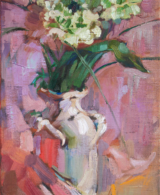 White buttercup flowers in a light vase on pink background, painted with oil on canvas