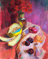 Still life painting of flowers, a melon, a pomegranate and plums, in bright pink, purple and red tones