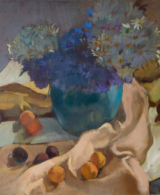 Still life painting with a vase of cornflowers and daisies, apricots, plums, and colorful draperies
