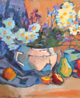 Still life painting of daisies in a vase, a pear, peaches and a blue drapery on warm toned background