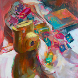 Still life painting with Christmas lights, books, and a yellow camera
