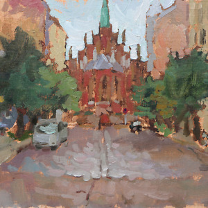 Landscape painting of a street and a gothic church