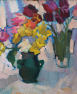 Yellow and pink tulips painted on a white background with light blue shadows