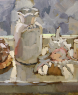 Still life painting in shades of white with seashells, candles and a vase