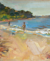 Landscape painting of a beach with people