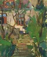 Landscape painting depicting a front porch of a house and greenery around it