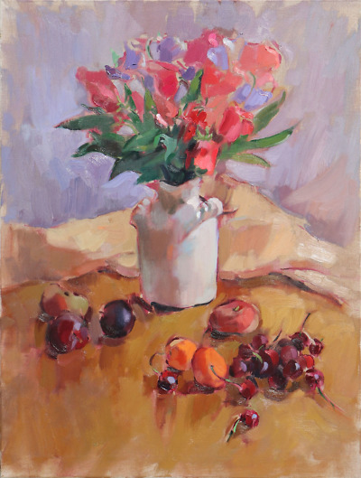 Sweet Pea Flowers and Fruit painting by Elena Morozova