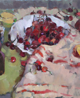Still life painting with cherries, peaches, a teacup, a bottle, and a striped drapery on green background