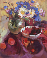 Still life painting with cherries, peaches, cornflowers and daisies in burgundy and yellow colors