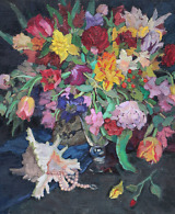 Abundant bouquet of colorful flowers in a glass vase, a seashell, pearl necklace and a skull hidden behind the vase, painted on dark background