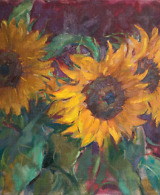 Sunflowers on a burgundy-colored background, painted with oil on canvas