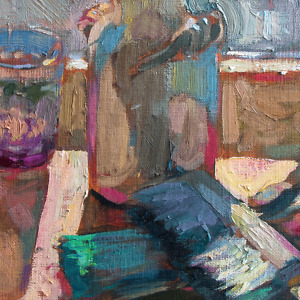 Fragment of a painting with brushes, a glass and a vase