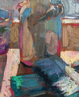 Fragment of a painting with brushes, a glass and a vase