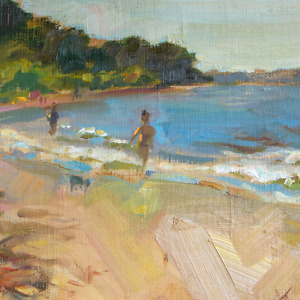 Landscape painting of a beach with people