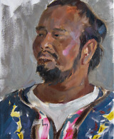 Portrait painting of a man in colorful traditional clothes