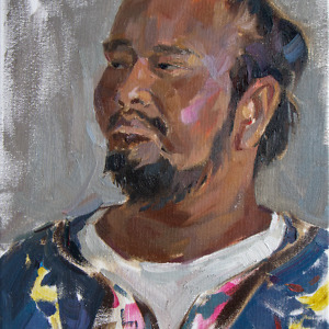 Portrait painting of a man in colorful traditional clothes