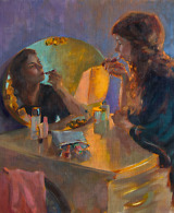 Portrait painting of a woman looking in the mirror and doing her makeup