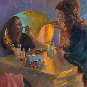 Portrait painting of a woman looking in the mirror and doing her makeup