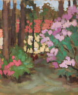 Landscape painting of a garden with blooming rhododendrons