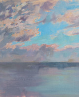 Landscape painting of the sea and clouds in light blue and purple tones