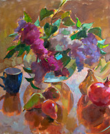 Still life painting with lilac, pears, bananas, pomegranate and a blue mug