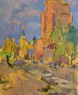 Landscape painting with a street and buildings in yellow tones