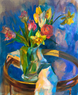 Tulips in a glass vase on cobalt blue background, painted with oil