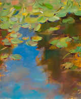 Water lilies and reflection in the pond, painted with oil