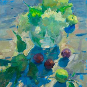 Still life painting of hydrangeas, apples and plums in the sunlight
