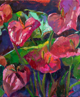 Oil painting of a pink anthurium plant in the sunlight