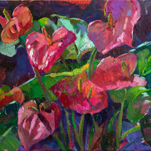 Oil painting of a pink anthurium plant in the sunlight