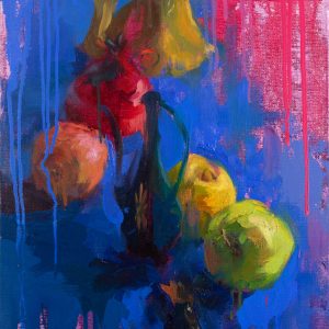 Still life with fruit and a porcelain dragon figurine in vibrant colors