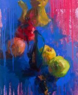 Still life with fruit and a porcelain dragon figurine in vibrant colors