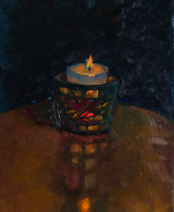 Painting of a burning candle on a dark blue background