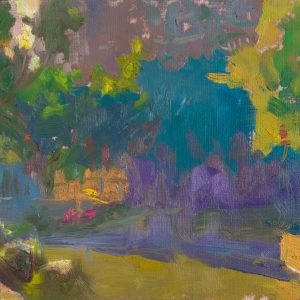 Plein air painting of a city canal and buildings around it