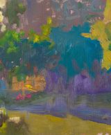 Plein air painting of a city canal and buildings around it