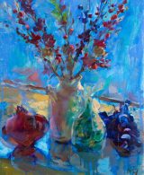 Festive still life with Christmas decorations and fruit