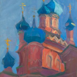 Pink orthodox church with blue domes painting